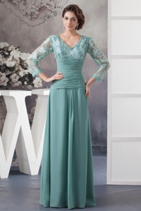Turquoise V-neck Floor-length Mothers Dress With Long Sleeves