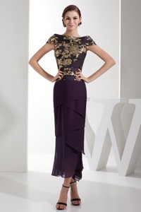 Off-the-shoulder Eggplant Purple Mother Bride Dress with Embroidery