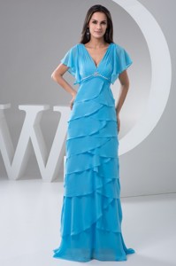 Aqua Blue V-neck Ruffle-layers Mother In Law Dress With Gore Sleeve