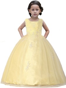 Light Yelloow Appliques Scoop Organza Little Girl Pageant Dress