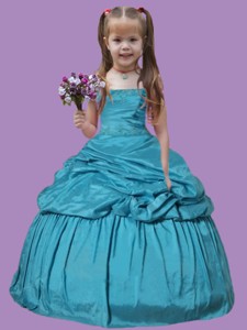 Teal Blue Pick-ups Appliques Taffeta Little Girl Pageant Dress with Strapless Ball Gown 