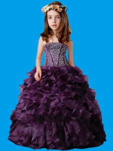 Purple Strapless Beading and Ruffled Layers Little Girl Pageant Dress