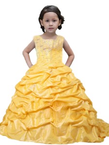 Yelloow Appliques Scoop Taffeta Pick-ups Little Girl Pageant Dress