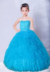 Blue Strapless Beading and Ruffles Floor-length Little Girl Pageant Dress 