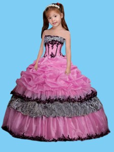 Strapless Appliques Decorate Little Girl Pageant Dress in Rose Pink 