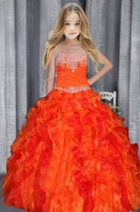 Ball Gown Strapless Appliques Orange Red Little Girl Pageant Dress with Ruffles 