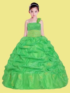 Beautiful Appliques One Shoulder Little Girl Pageant Dress in Green 