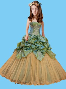 Olive Green and Champagne Little Girl Pageant Dress with Appliques 