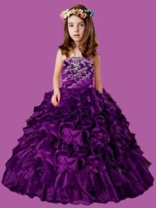Eggplant Purple Strapless Appliques and Ruffles Little Girl Pageant Dress 