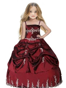 Spaghetti Straps Appliques and Pick-ups Little Girl Pageant Dress in Burgundy 
