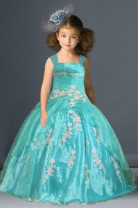 Wide Straps Organza Little Girl Pageant Dress with Appliques 