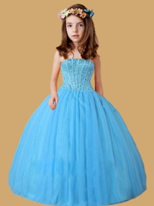 Blue Ball Gown Ruching Beading Little Girl Pageant Dress 