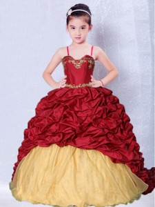 Wine Red and Gold Spaghetti Straps Appliques Little Girl Pageant Dress 