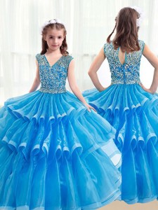 Pretty V Neck Baby Blue Little Girl Pageant Dress With Ruffled Layers