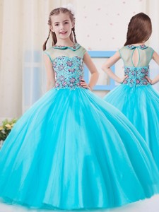 Pretty Ball Gown High Neck Tulle Little Girl Pageant Dress in Aqua Blue 