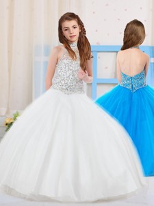 Top Selling Ball Gown Halter Tulle Beaded Little Girl Pageant Dress in White 