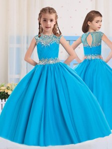 Ball Gowns Scoop Baby Blue Beading Short Sleeves Little Girl Pageant Dress
