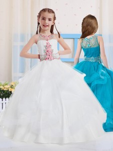 White Ball Gowns Scoop Organza Side Zipper Little Girl Pageant Dress with Beading 