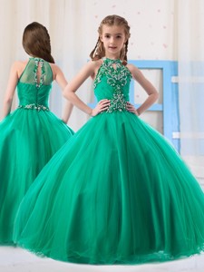 Top Selling Ball Gowns Halter Beaded Little Girl Pageant Dress in Turquoise 