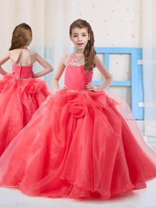 Pretty Halter Organza Beading Little Girl Pageant Dress in Coral Red 