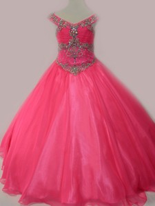 Cute Beaded Bodice Zipper Up Little Girl Pageant Dress in Hot Pink 