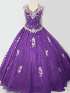 Cheap Ball Gown V Neck Organza Beaded and Applique Little Girl Pageant Dress in Purple 
