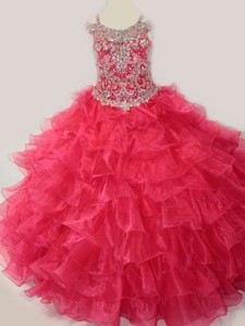 Cute Ball Gown Coral Red Beading and Ruffled Layers Little Girl Pageant Dress with Straps and Off th