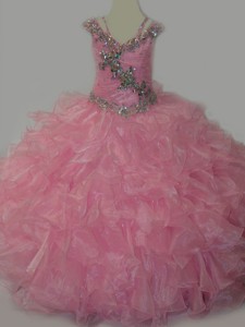 Popular V-neck Ruffled Little Girl Pageant Dress with Spaghetti Straps and Sequins 