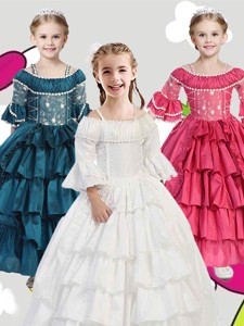 Gorgeous Spaghetti Straps Three Fourth Length Sleeves Little Girl Pageant Dress with Lace and Ruffle