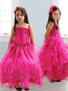 Popular Spaghetti Straps Lace and Ruffled Layers Little Girl Pageant Dress in Hot Pink 