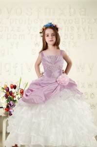 Cheap White and Lavender Little Girl Dress with Appliques and Ruffled Layers 