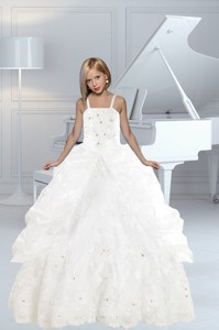 Appliques and Ruffles White delicate Little Girl Pageant Dress with Spaghetti Straps 
