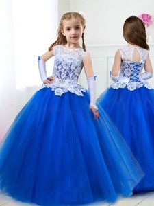 See Through Scoop Royal Blue Flower Girl Dress with Lace and Belt