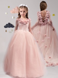Classical Scoop Long Sleeves Flower Girl Dress with Appliques and Ruffles