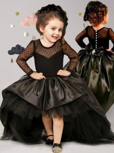 See Through Scoop Long Sleeves Black Flower Girl Dress with Brush Train