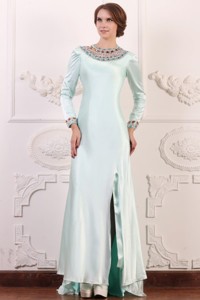 Apple Green Column Scoop Long Sleeves Mother Of The Bride Dress With Beading