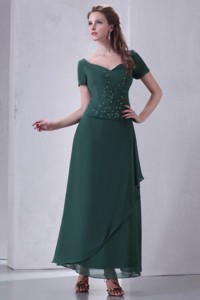 V-neck Chiffon Beading Ankle-length Mother Of The Bride Dress With Short Sleeves