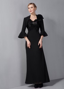 Black Column Straps Ankle-length Chiffon Appliques Mother Of The Bride Dress