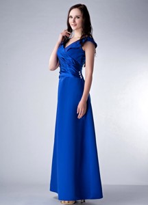 Royal Blue Column V-neck Ankle-length Satin Ruch Bridesmaid Dress