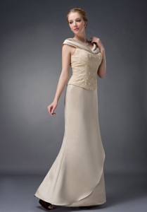 Champagne Column V-neck Floor-length Satin Lace and Beading Mother Of The Bride Dress