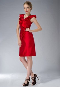Red Column V-neck Mini-length Taffeta Ruch Prom / Homecoming Dress