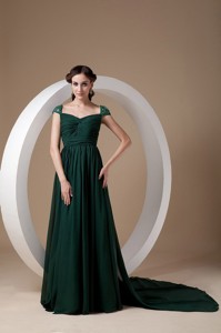 Dark Green Empire Square Watteau Train Chiffon Beading Prom / Evening Dress