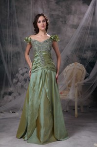 Luxurious Olive Green Mother Of The Bride Dress Column Off The Shoulder Beading And Ruch Taffeta Floor-length