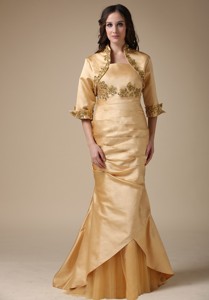 Gold Mermaid Strapless Brush Train Taffeta Appliques and Ruch Mother Of The Bride Dress