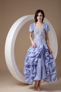 Modest Lilac Strapless Mother Of The Bride Dress Taffeta Appliques With Beading Ankle-length