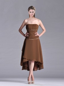Exclusive Beaded Strapless High Low Brown Mother Of The Bride Dress In Chiffon