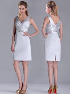 Modern V Neck Belted With Beading Mother Of The Bride Dress In Silver