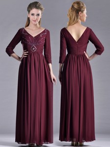 Latest Beaded V Neck Burgundy Mother Of The Bride Dress With Three Fourth Length Sleeves