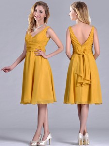 Latest Empire V Neck Ruched Gold Mother Of The Bride Dress In Chiffon