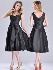 Popular Empire Black Tea Length Mother Of The Bride Dress With Ruching And Bowknot